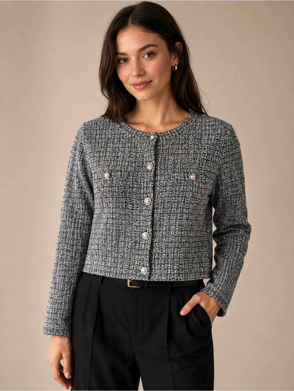 H&M Black White Tweed Crop Cardigan Jacket Women’s XXL Textured Button Front